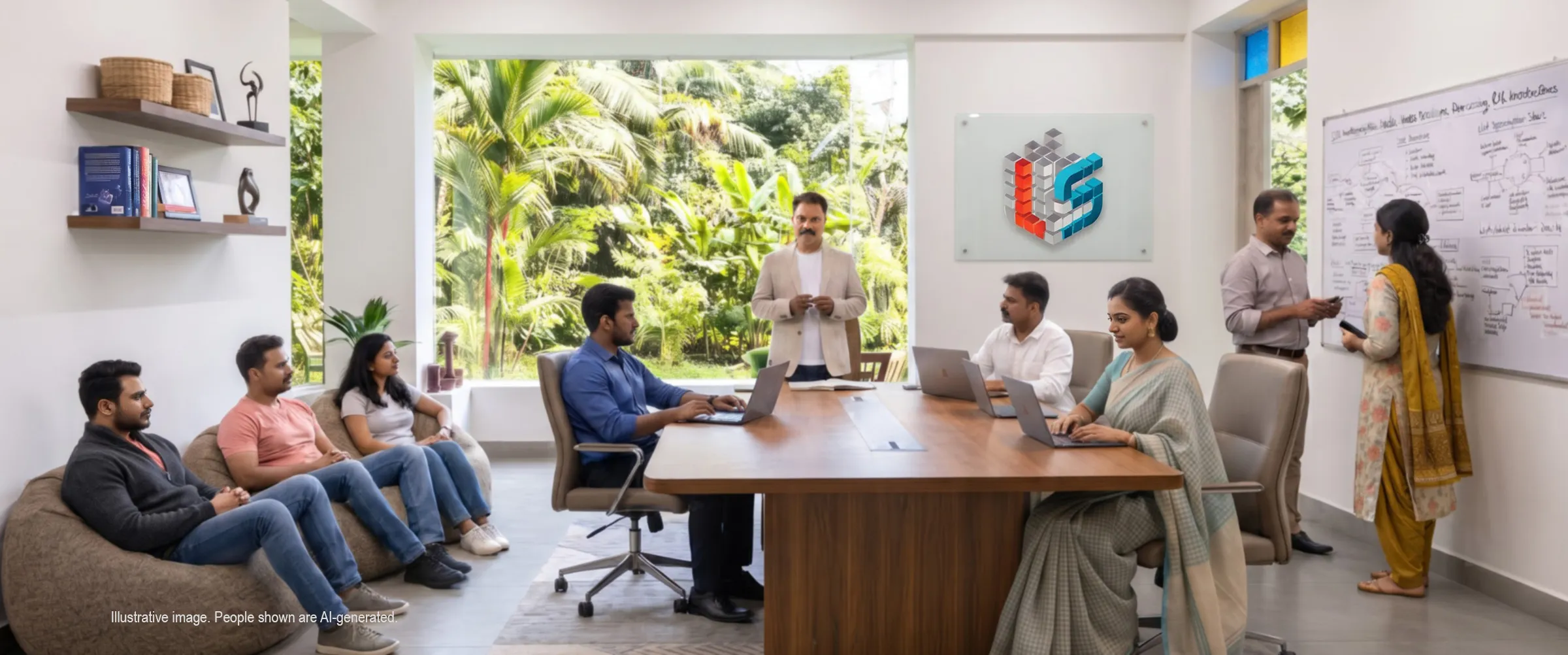 Founders and mentors working together in a bright workshop room