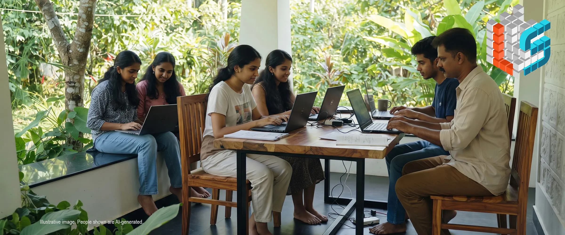 Young builders working on laptops together at a wooden table
